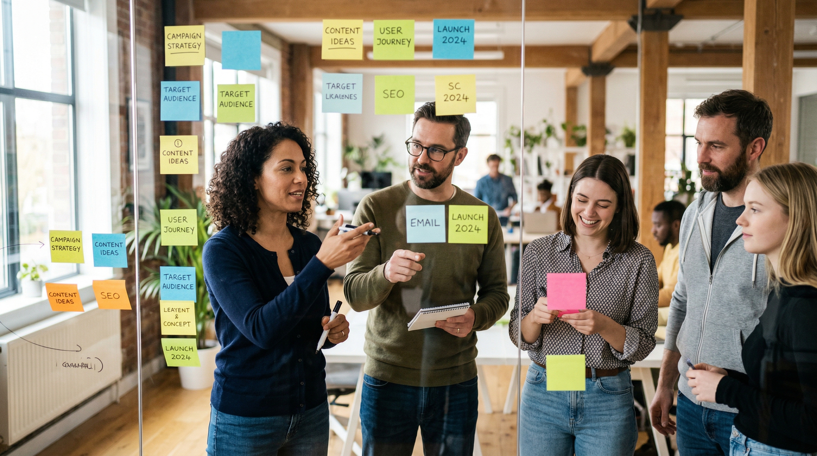 Ein Team von kreativen Marketingexperten in einem Workshop, die mit Haftnotizen an einer Glaswand brainstormen