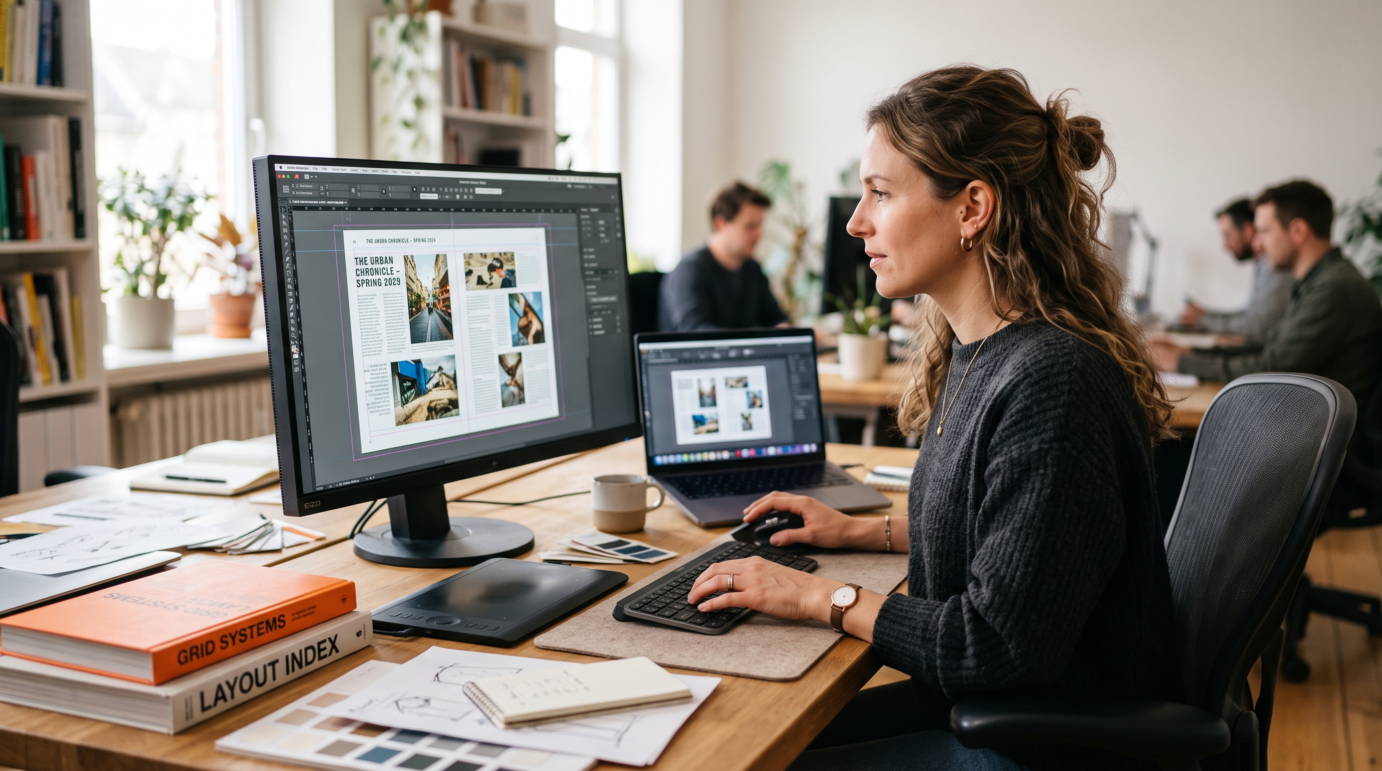 Designer am Computer bei der Erstellung eines Print-Layouts