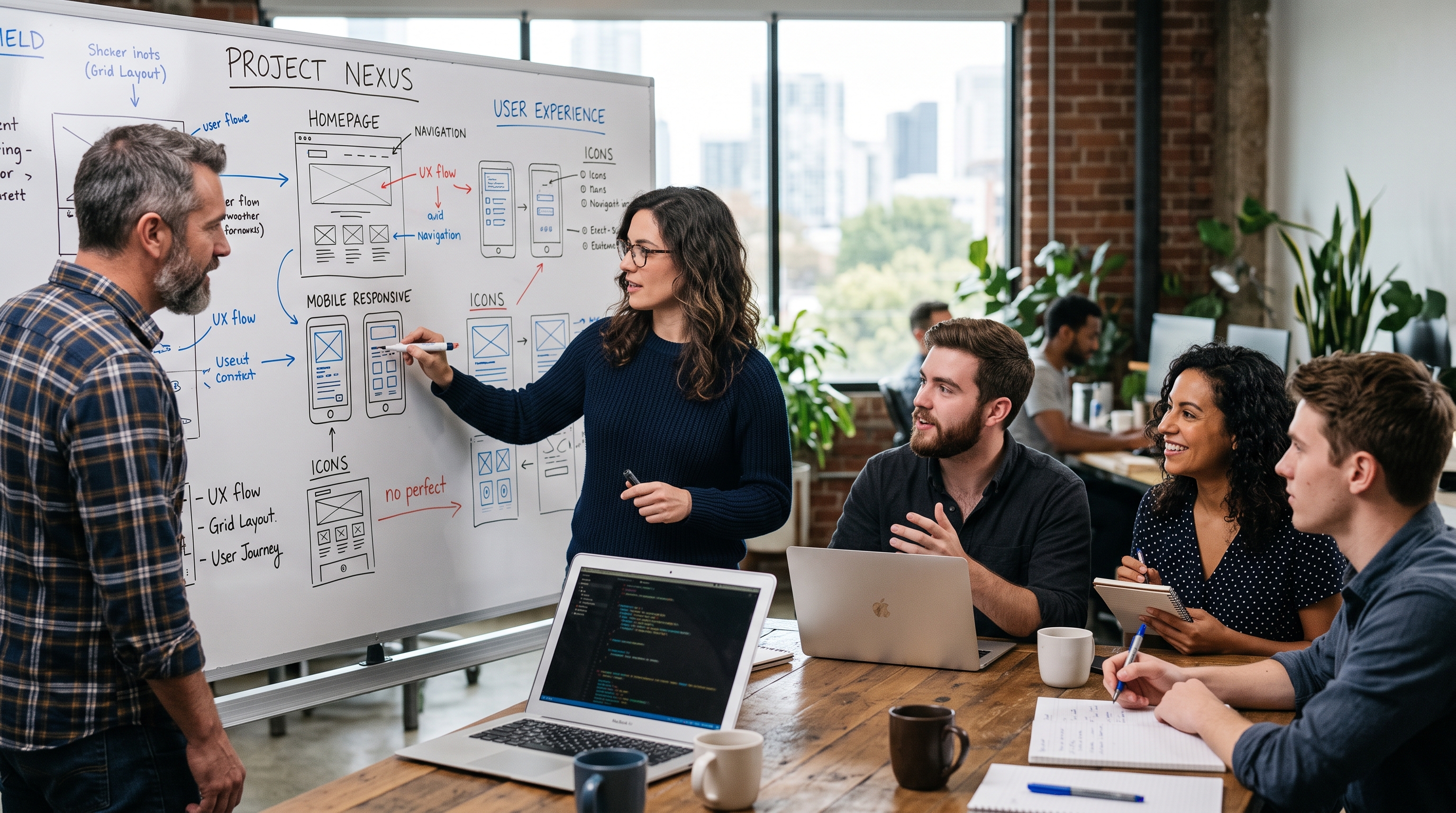 Ein Team von Webdesignern bei einem kreativen Meeting vor einem Whiteboard