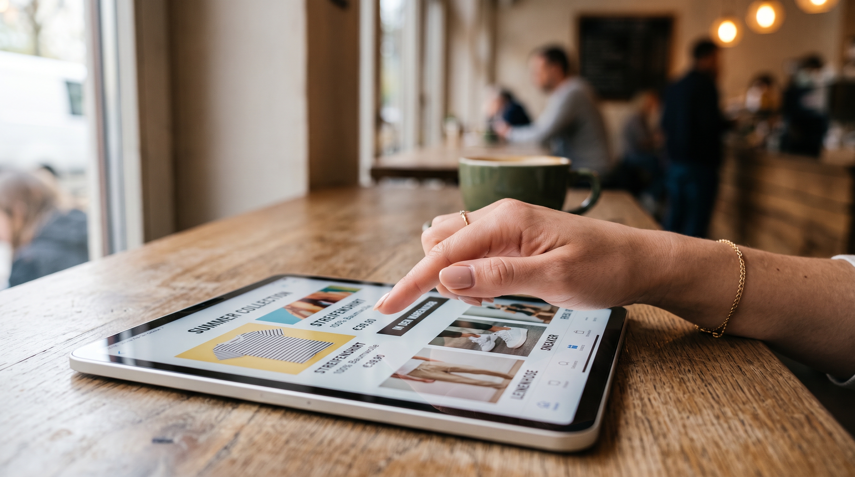 Nahaufnahme einer Hand, die auf einem Tablet durch einen modernen Onlineshop scrollt