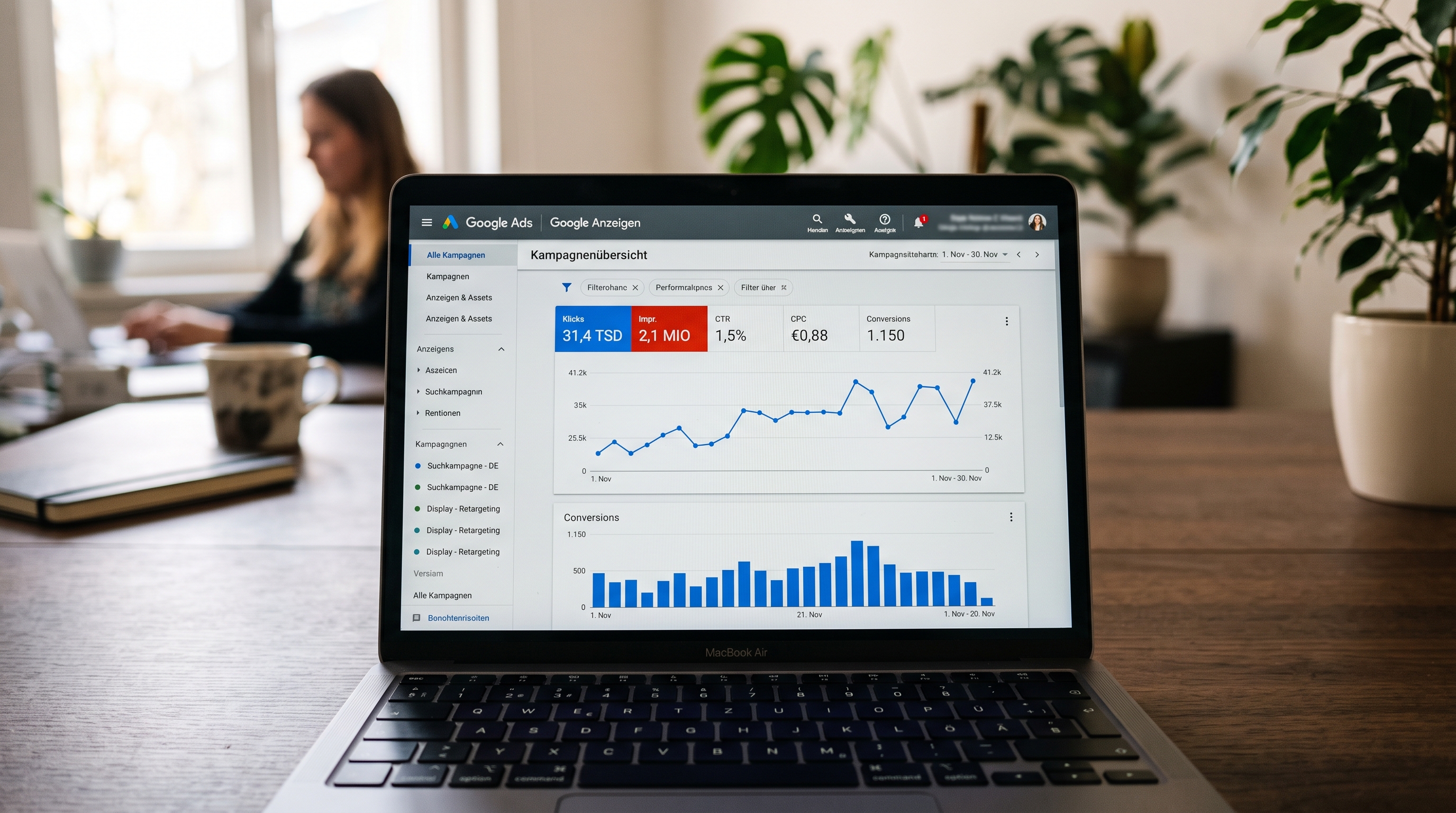 Screenshot einer Google Ads Benutzeroberfläche mit Graphen
