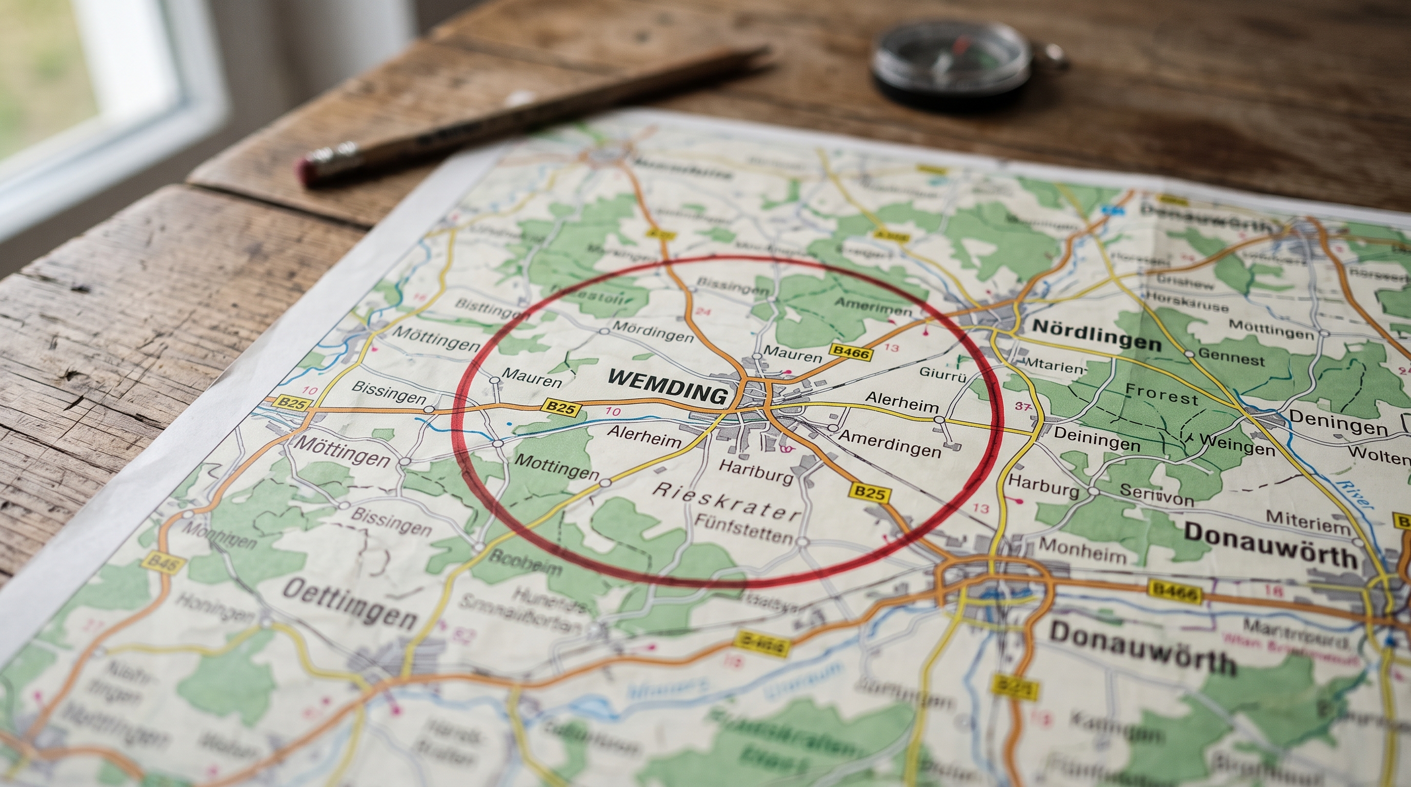 Landkarte mit markiertem Radius um den Standort Wemding