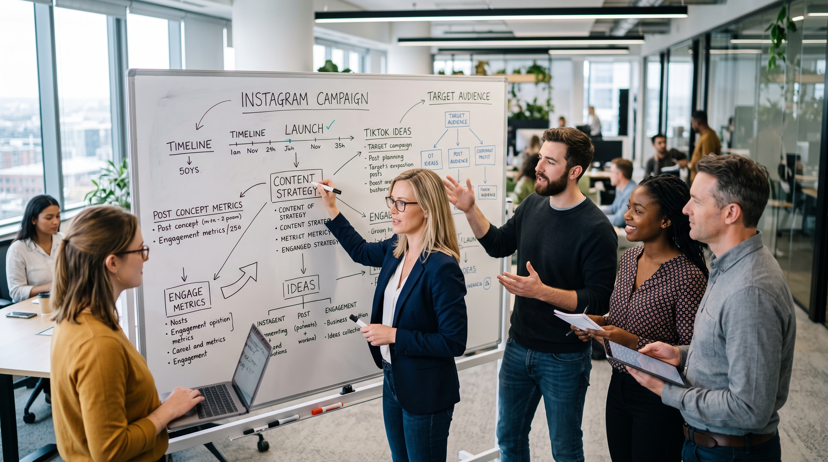 Ein Team in einem modernen Büro plant eine Social Media Kampagne am Whiteboard