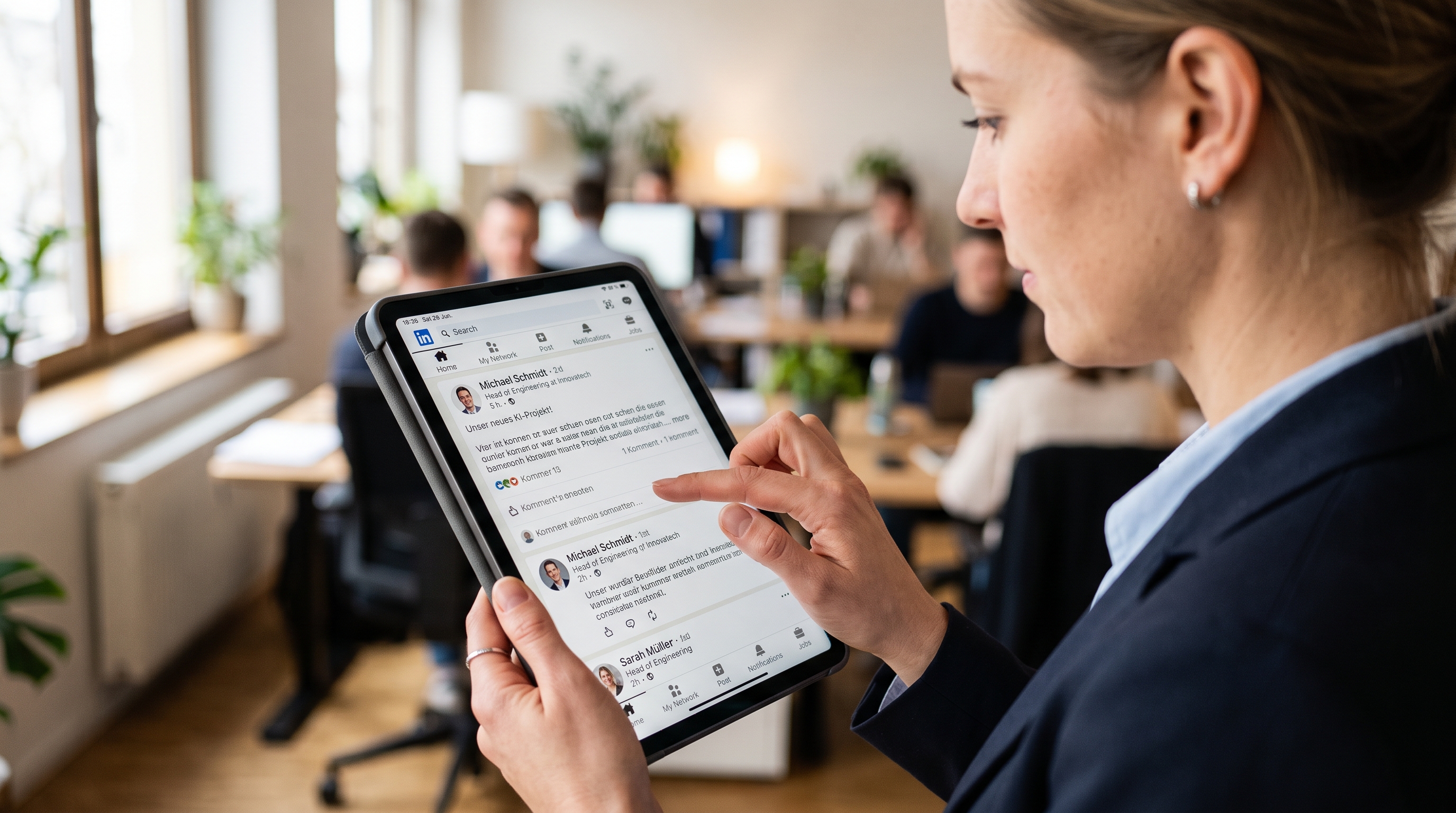 Nahaufnahme einer Person, die auf einem Tablet durch einen professionellen LinkedIn-Feed scrollt